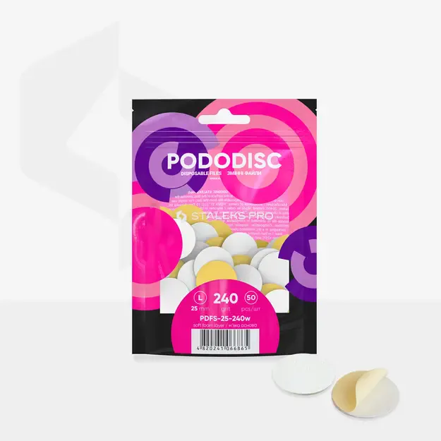 Vienkartiniai balti pododiskų abrazyvai su paminkštinimu STALEKS EXPERT 240 gr. L dydis, 50 vnt. 2