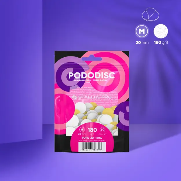Vienkartiniai balti pododiskų abrazyvai su paminkštinimu STALEKS EXPERT 180 gr. M dydis, 50 vnt. 