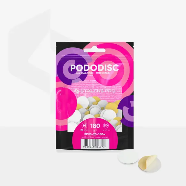 Vienkartiniai balti pododiskų abrazyvai su paminkštinimu STALEKS EXPERT 180 gr. M dydis, 50 vnt.  2